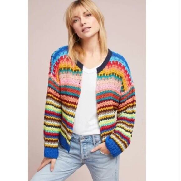 Moth Sweaters - Moth Sweater Small Betty Knit Cardigan Multicolor Crochet Open Knit Boho Artsy
